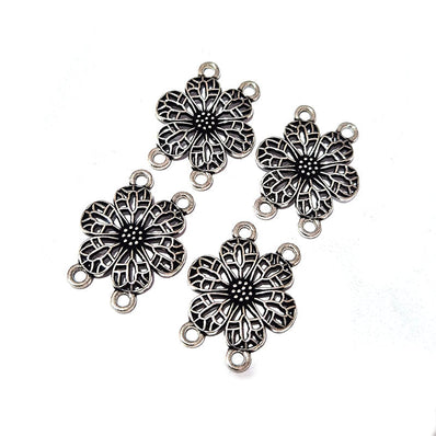 20pcs, Silver Oxidized Plated Fine Metal craft Connector Jewelry making Findings 4 loops Flower 20x26mm