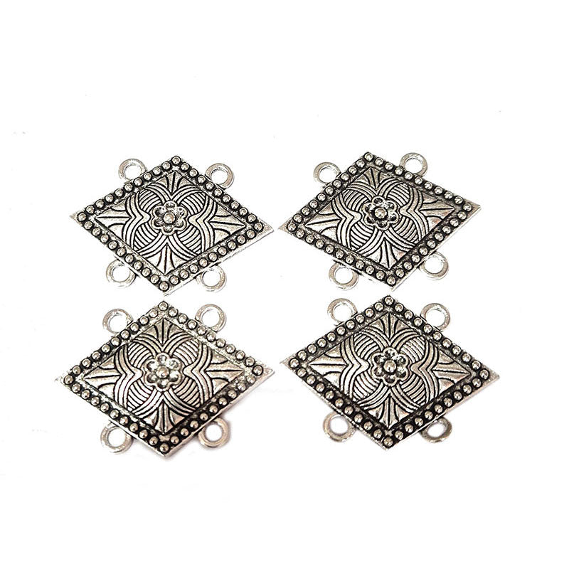 10pcs, Silver Oxidized Plated Fine Metal craft Connector Jewelry making Findings 4 loops Diamond shape 24x33mm