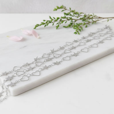 1 Meter Pack' Brass Silver Plated Star and Heart Chain for jewelry making