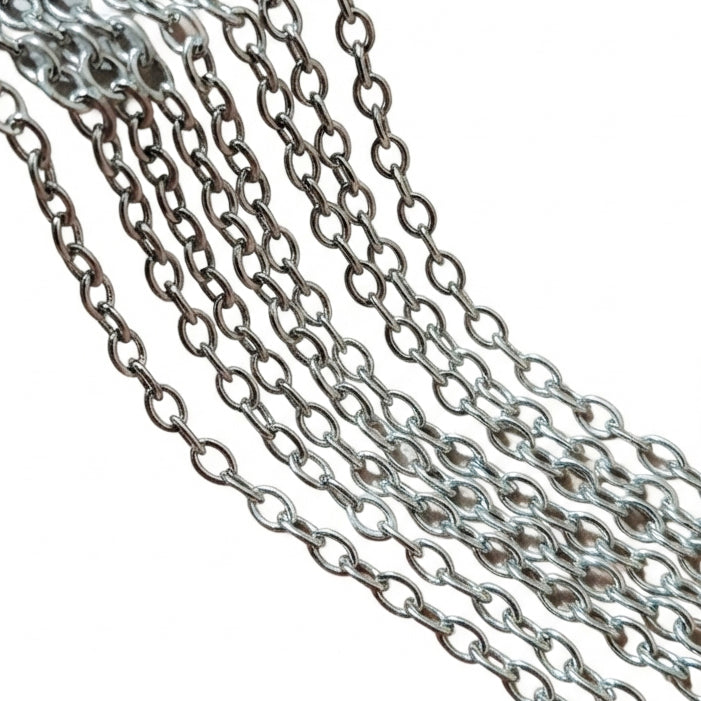 3x4 mm Iron Alloy Cable Chain – Nickel/Rhodium Silver Finish – Approx. 1 Meter for Jewelry Making