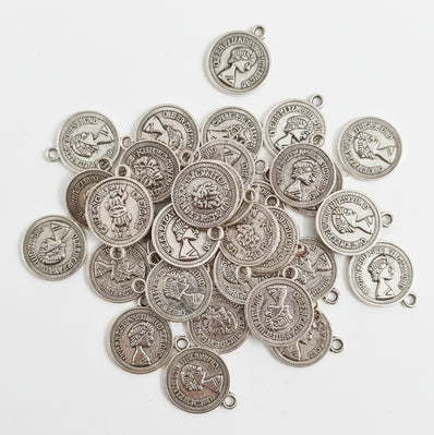 20 PIECES PACK' SILVER OXIDIZED VICTORIA COIN CHARMS