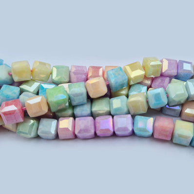 High quality quartz beads multi colour, Cube shape, size 8mm AB Finish, Pastel Color, approx 55 beads in string