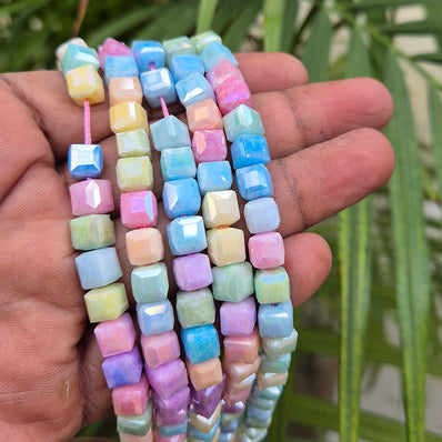 High quality quartz beads multi colour, Cube shape, size 8mm AB Finish, Pastel Color, approx 55 beads in string