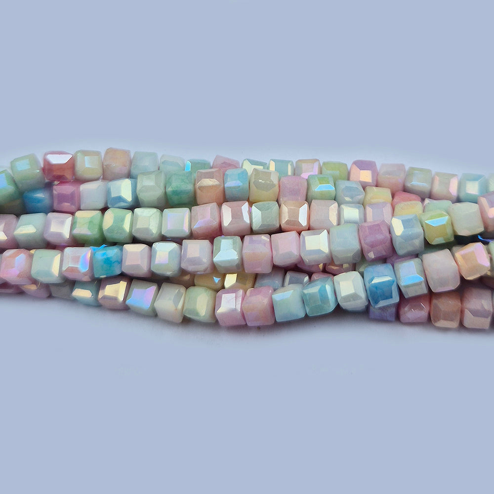 High quality quartz beads multi colour, faceted cube shape, size 4mm AB Finish, Pastel Color, approx 87 beads in string