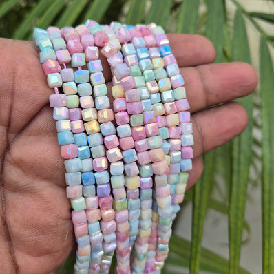 High quality quartz beads multi colour, faceted cube shape, size 4mm AB Finish, Pastel Color, approx 87 beads in string