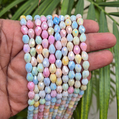 High quality quartz beads multi colour, drop faceted shape, size 8x6mm AB Finish, Pastel Color, approx 47 beads in string