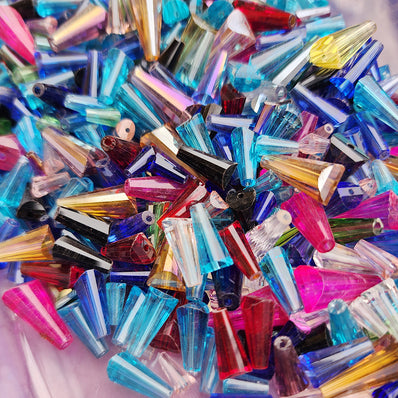 50 GRAMS PKG. MULTI COLOR SHADE, Tower shape Austrian crystal beads conical loose beads CRYSTAL MIX, GLASS BEADS, SIZE 7-15 MM APPROX