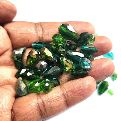 200 Pcs Pkg. green color, Drop Faceted Crystal Glass beads, size encluded as 5X7MM, 8X12MM, 10X15MM AND SOME 3X5MM