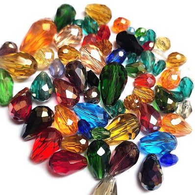 100 Pcs Pkg. Multi color, Drop Faceted Crystal Glass beads, size included as 5X7MM, 8X12MM, SOME 3X5MM