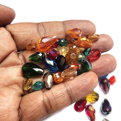 100 Pcs Pkg. Multi color, Drop Faceted Crystal Glass beads, size included as 5X7MM, 8X12MM, SOME 3X5MM