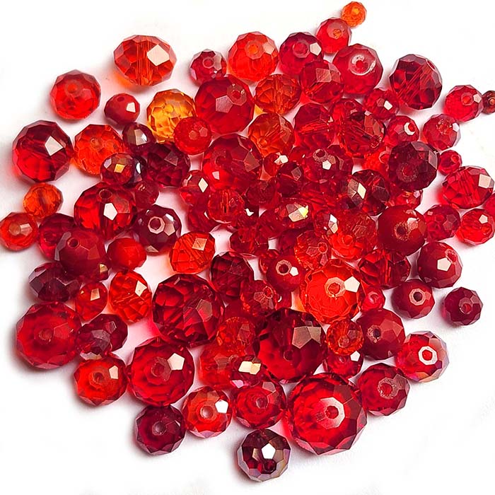Red Mostly 50 Grams Pkg. Red color, Rondelle Faceted Crystal Mix size glass beads ...