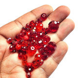 50 Grams Pkg. Red color, Rondelle Faceted Crystal Mix size glass beads Size mostly encluded as 6mm, 8mm, 10mm, to some extent 4mm and 12mm mixed