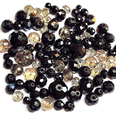 50 Grams Pkg. Black and Gray color, Rondelle Faceted Crystal Mix size glass beads Size mostly encluded as 6mm, 8mm, 10mm, to some extent 4mm and 12mm mixed