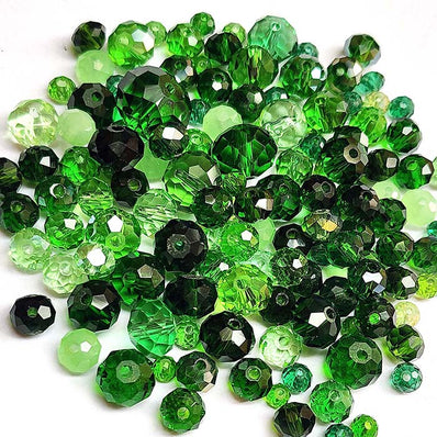50 Grams Pkg. Green color shade, Rondelle Faceted Crystal Mix size glass beads Size mostly encluded as 6mm, 8mm, 10mm, to some extent 4mm and 12mm mixed