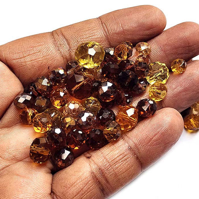50 Grams Pkg. Brown color shade, Rondelle Faceted Crystal Mix size glass beads Size mostly encluded as 6mm, 8mm, 10mm, to some extent 4mm and 12mm mixed