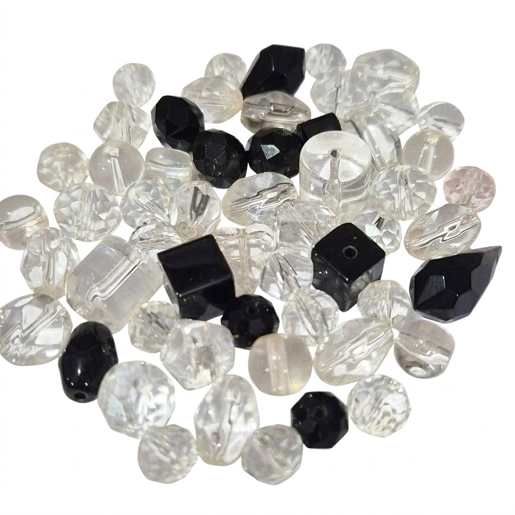 50grams pack, Various shapes and size black and white crystal glass beads 6~20mm Size Approximately