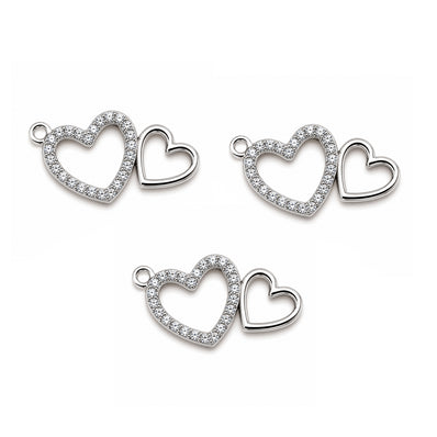 5 Pcs Pack – Double Heart Crystal Rhinestone Connector Charm for Jewelry Making, Rhodium Plated