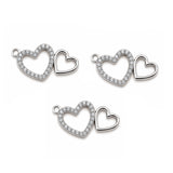 5 Pcs Pack – Double Heart Crystal Rhinestone Connector Charm for Jewelry Making, Rhodium Plated