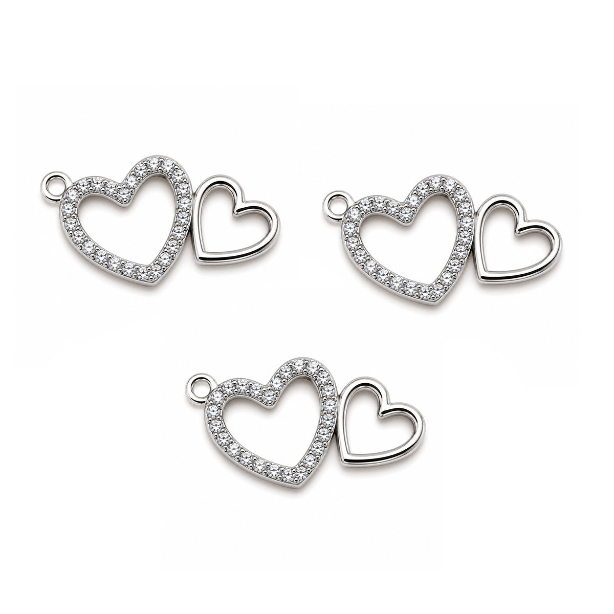 5 Pcs Pack – Double Heart Crystal Rhinestone Connector Charm for Jewelry Making, Rhodium Plated