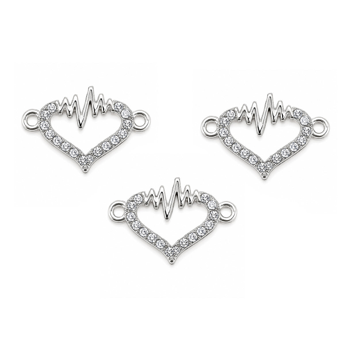 5 Pcs Pack – Heartbeat Heart Crystal Rhinestone Connector Charm for Jewelry Making, Rhodium Plated