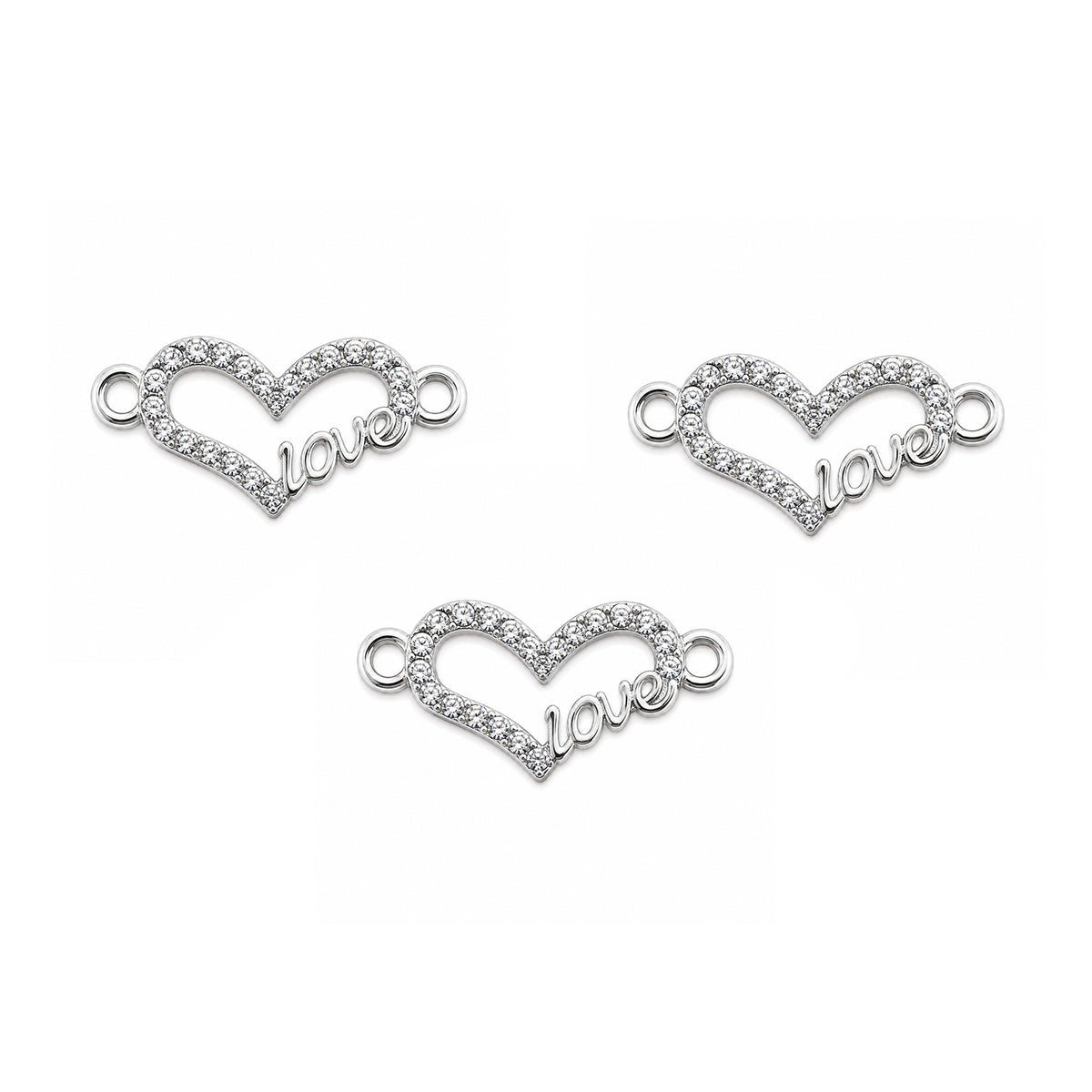 5 Pcs Pack – Love Heart Crystal Rhinestone Connector Charm for Jewelry Making, Rhodium Plated