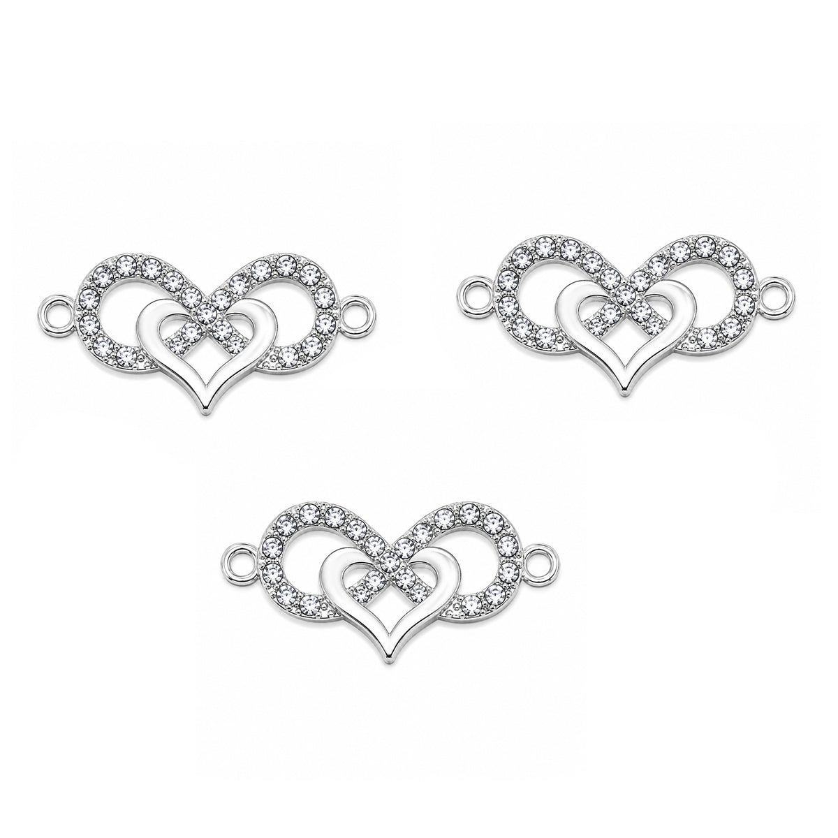 Pcs Pack – Double Heart Crystal Rhinestone Connector Charm for Jewelry Making, Rhodium Plated