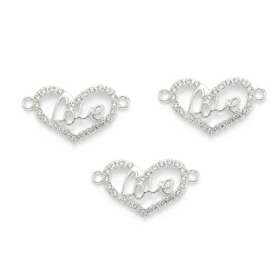 5 Pcs Pack – Love Heart Crystal Rhinestone Connector Charm for Jewelry Making, Rhodium Plated