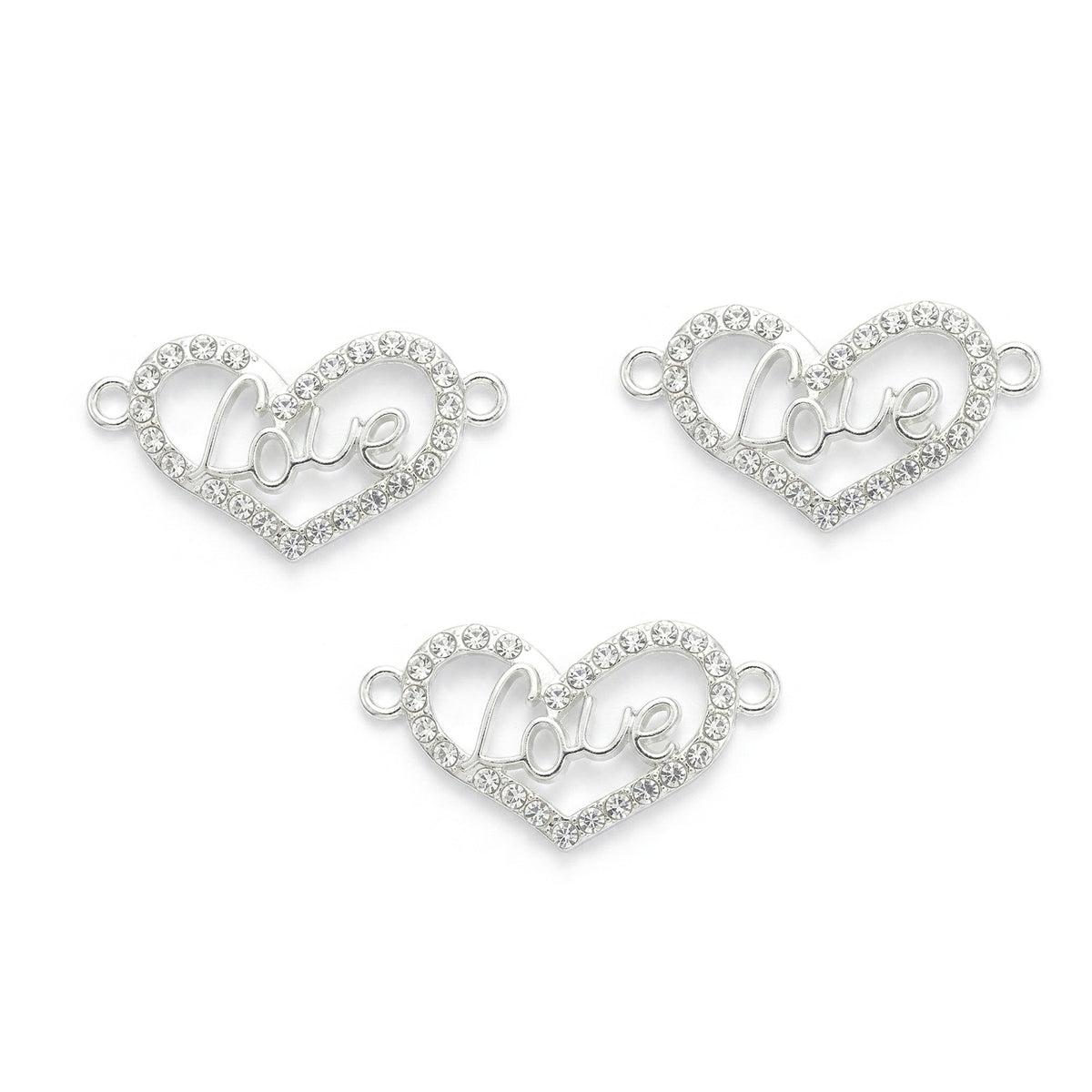 5 Pcs Pack – Love Heart Crystal Rhinestone Connector Charm for Jewelry Making, Rhodium Plated