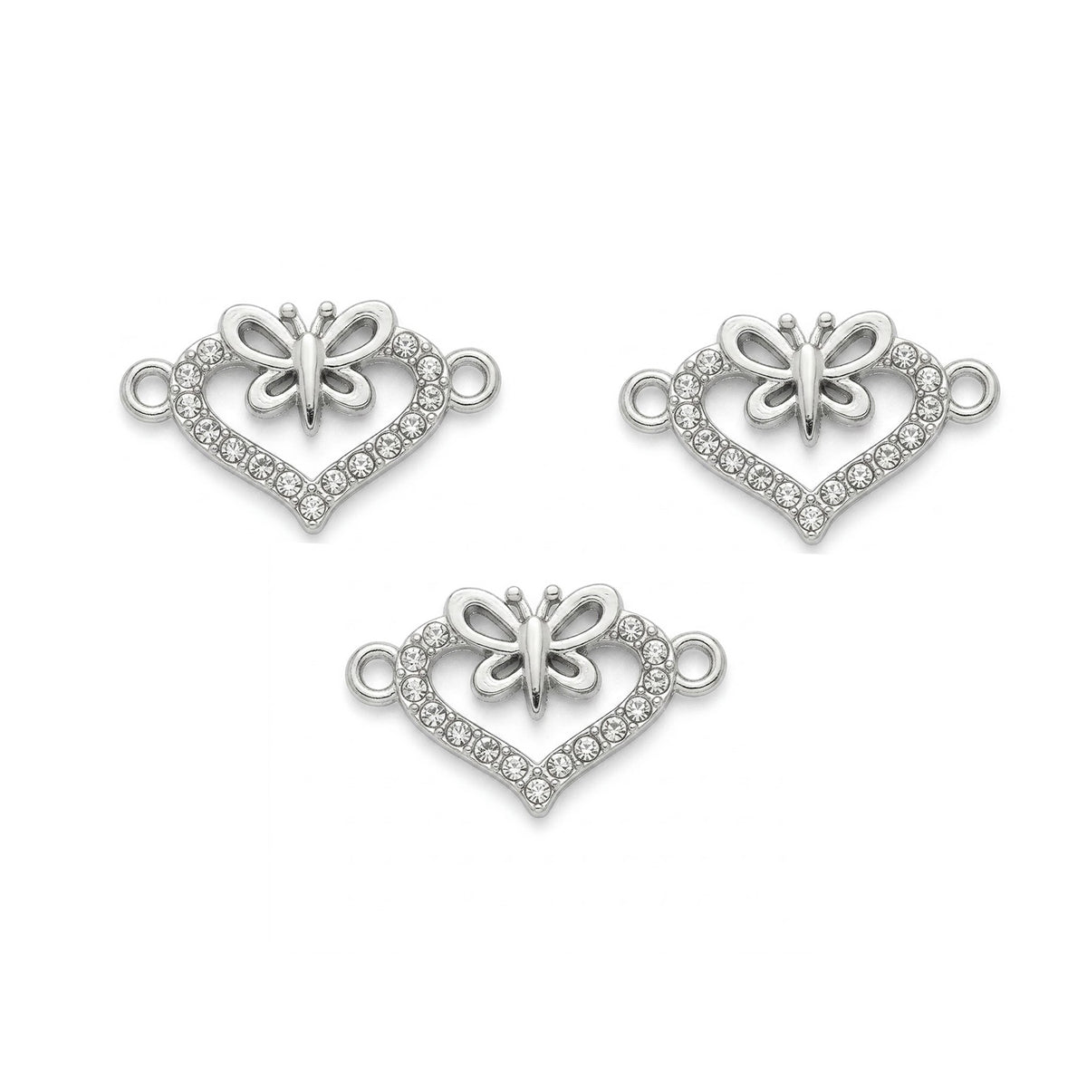 5 Pcs Pack – Butterfly Heart Crystal Rhinestone Connector Charm for Jewelry Making, Rhodium Plated