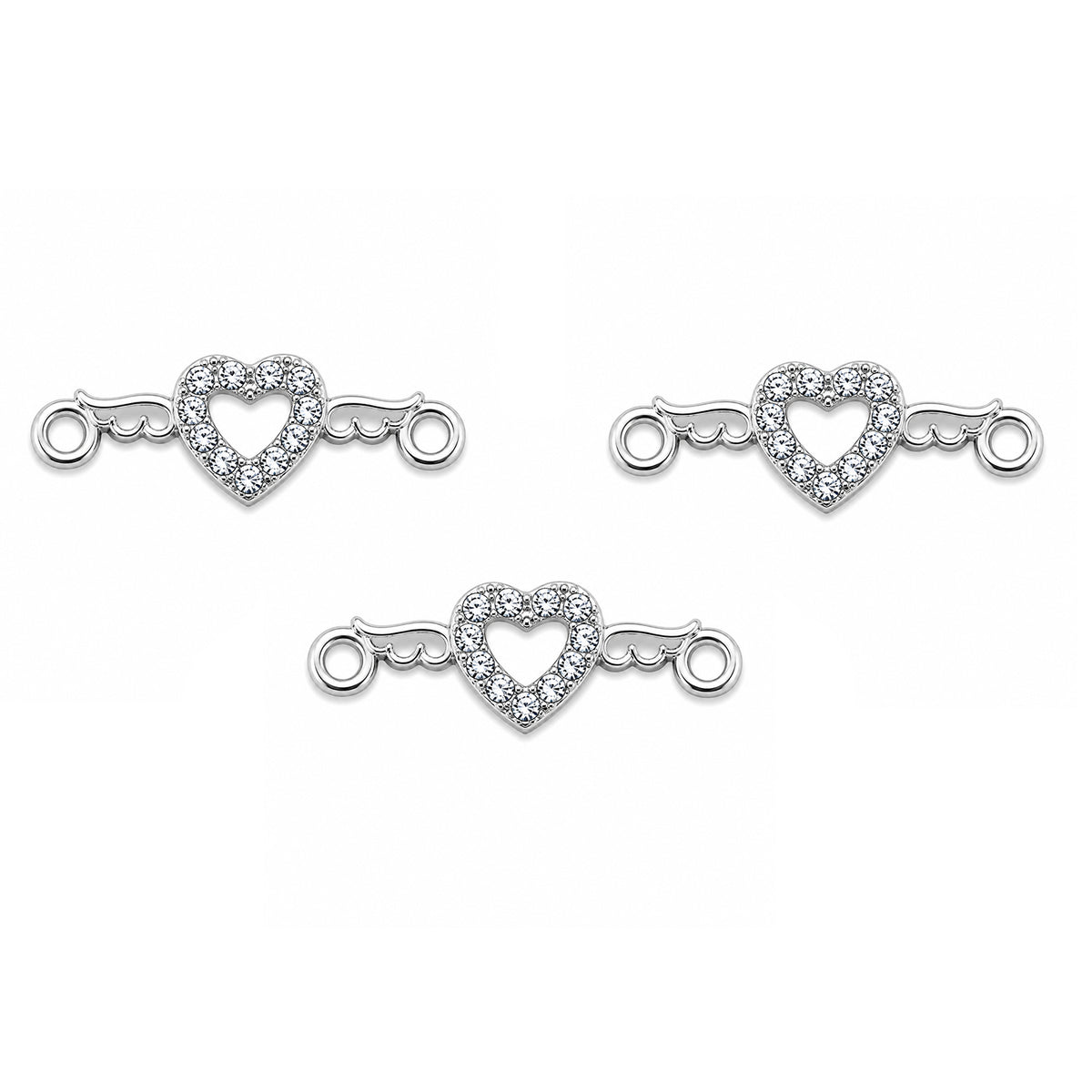 5 Pcs Pack – Heart with Wings Crystal Rhinestone Connector Charm for Jewelry Making, Rhodium Plated