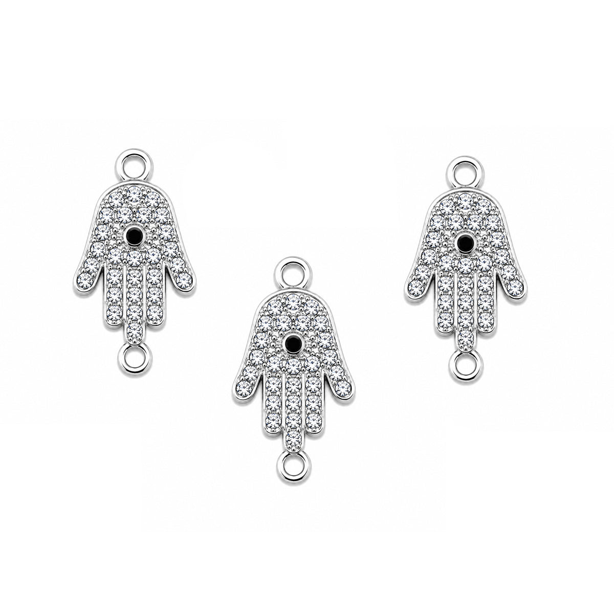 5 Pcs Pack – Hamsa Hand Evil Eye Crystal Rhinestone Connector Charm for Jewelry Making, Silver Plated