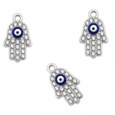 5 Pcs Pack – Hamsa Hand Evil Eye Crystal Rhinestone Connector Charm for Jewelry Making, Silver Plated