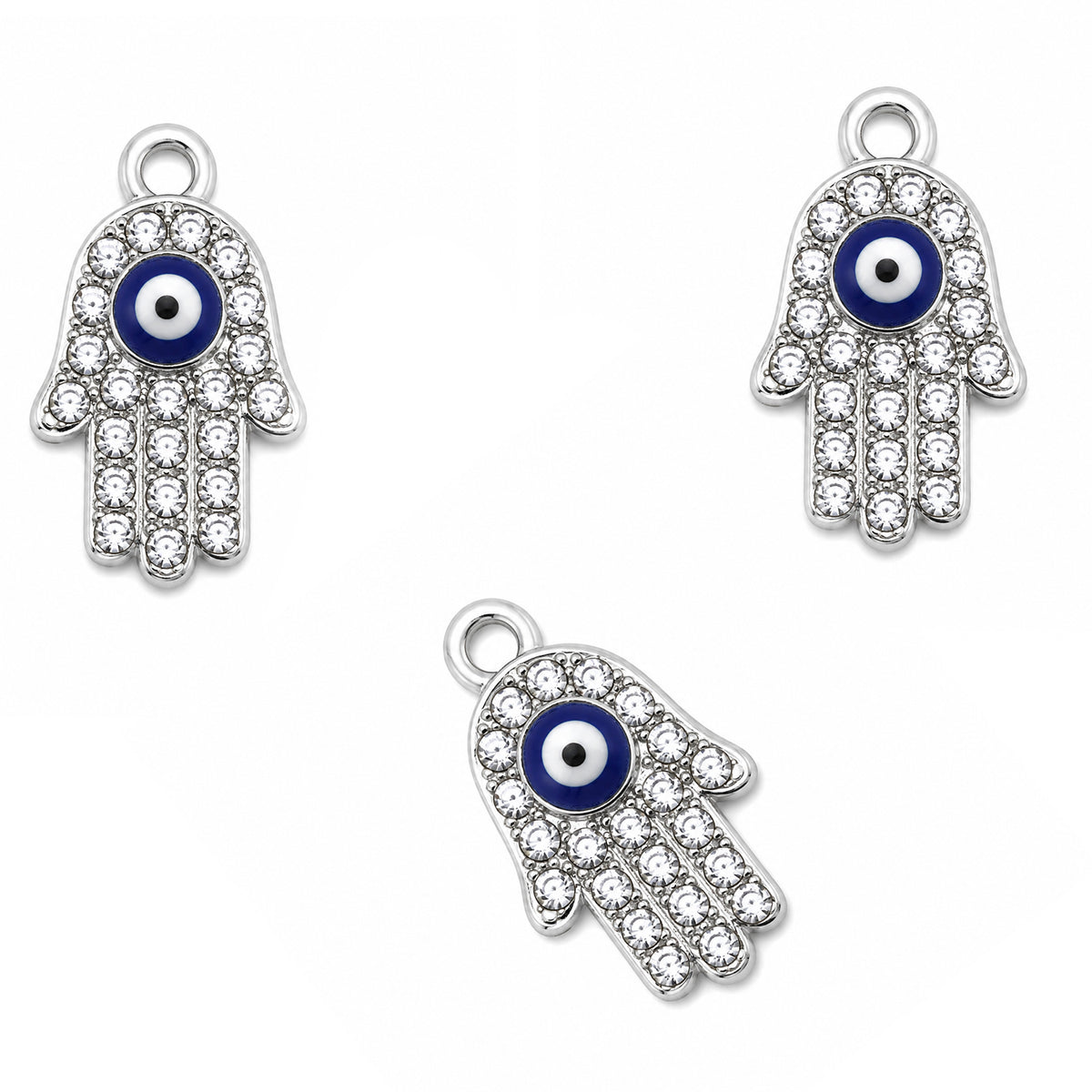 5 Pcs Pack – Hamsa Hand Evil Eye Crystal Rhinestone Connector Charm for Jewelry Making, Silver Plated