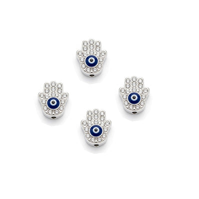 5 Pcs Pack – Crystal Rhinestone Hamsa Hand Evil Eye Spacer Beads, Silver Plated, Jewelry Making Beads