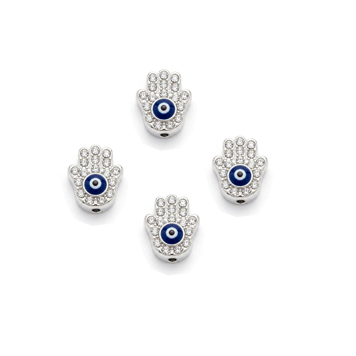 5 Pcs Pack – Crystal Rhinestone Hamsa Hand Evil Eye Spacer Beads, Silver Plated, Jewelry Making Beads