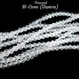 SUPER QUALITY' 4-5 MM BI-CONE FACETED (DAMRU) SHAPE CLEAR WHITE FIRE POLISHED GLASS BEADS' APPROX 76-78 BEADS SOLD BY PER LINE PACK