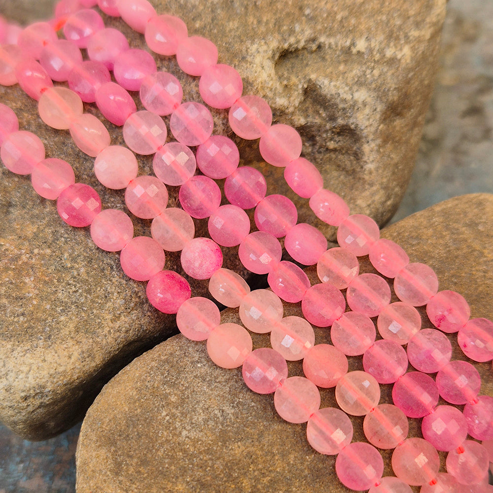 ROSE QUARTZ' 1 LINE/STRING PACK' SIZE APPROX 6 MM COIN FACETED BEADS