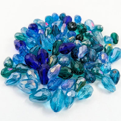200 Pcs Pkg. Blue Color, Drop Faceted Crystal Glass beads, size encluded as 5X7MM, 8X12MM, 10X15MM AND SOME 3X5MM