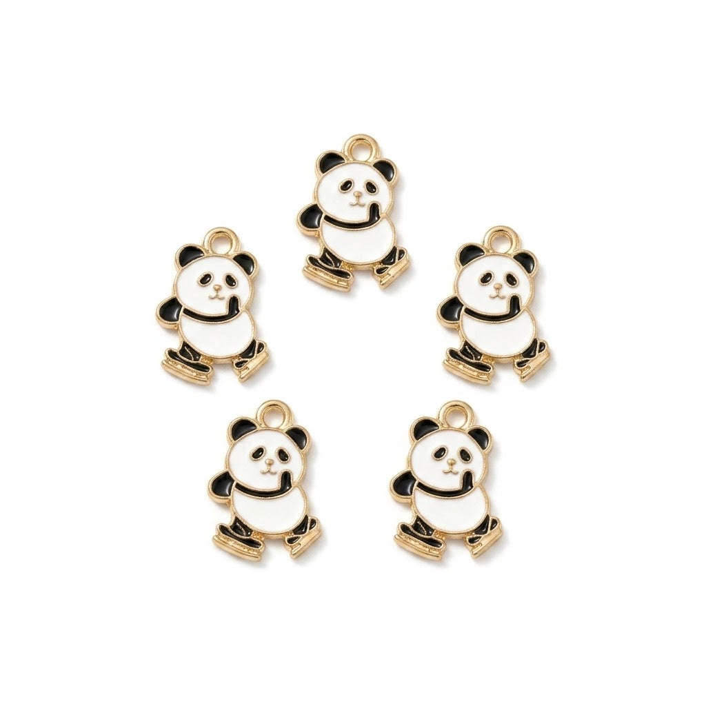 10pcs Cute Skating Panda Enamel Charms, Gold Plated Base, Animal Pendant Charms for DIY Jewelry Making, Bracelet, Necklace, Earrings & Keychains