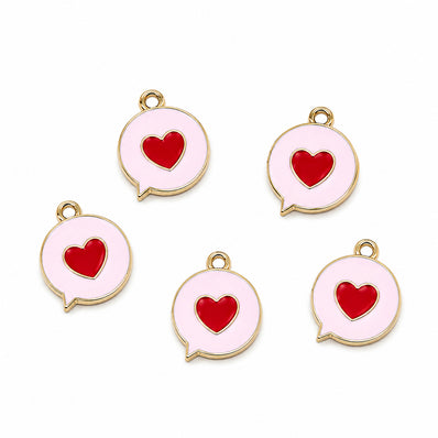 10pcs Pink Heart Speech Bubble Enamel Charms, Gold Plated Base, Cute Love Message Pendant Charms for DIY Jewelry Making, Bracelet, Necklace, Earrings & Keychains