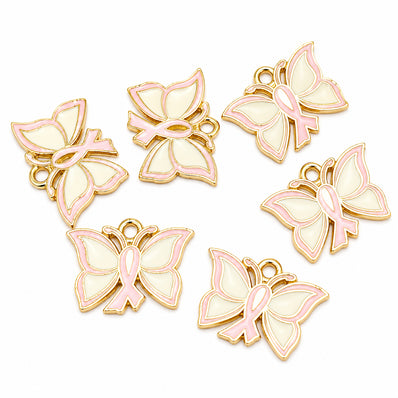 10pcs Pink Butterfly Awareness Ribbon Enamel Charms, Gold Plated Butterfly Pendant Charms for DIY Jewelry Making, Bracelets, Necklaces, Earrings & Keychains