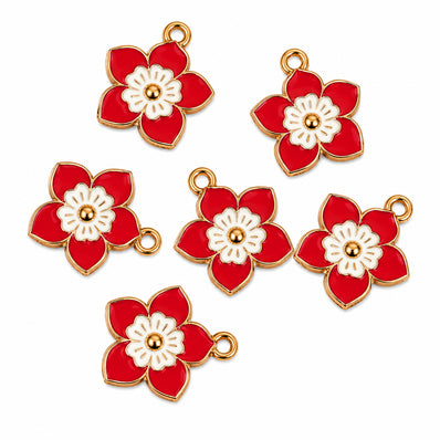 10pcs Red Flower Enamel Charms, Gold Plated Floral Pendant Charms for DIY Jewelry Making, Bracelets, Necklaces, Earrings & Keychains