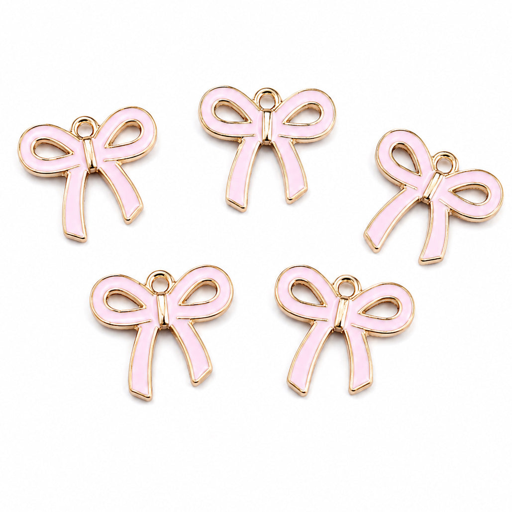 10pcs Light Pink Bow Enamel Charms, Gold Plated Ribbon Pendant Charms for DIY Jewelry Making, Bracelets, Necklaces, Earrings & Keychains
