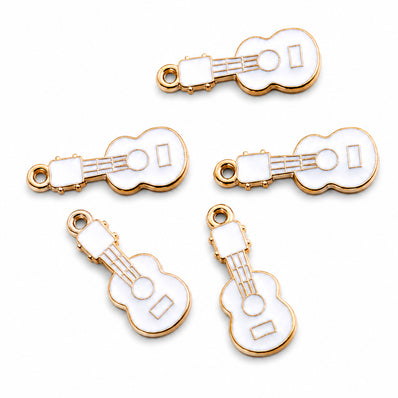 10pcs White Guitar Enamel Charms, Gold Plated Musical Instrument Pendant Charms for DIY Jewelry Making, Bracelets, Necklaces, Earrings & Keychains