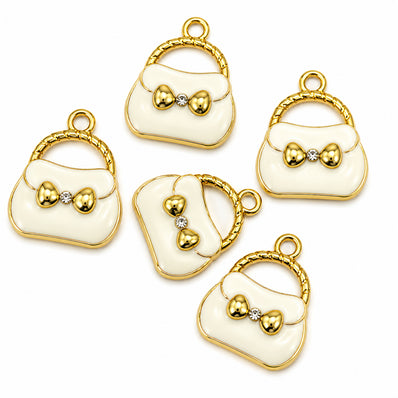 4pcs White Handbag Enamel Charms with Rhinestone, Gold Plated Purse Pendant Charms for DIY Jewelry Making, Bracelets, Necklaces, Earrings, Keychains & Craft Projects