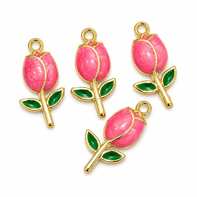 4pcs Pink Rose Flower Enamel Charms, Gold Plated Rose Pendant Charms for DIY Jewelry Making, Bracelet, Necklace, Earrings, Keychain & Craft Supplies