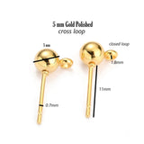 10 PCS PKG. 5 MM ROUND BALL POST STUD EARRINGS WITH LOOP FOR JEWELRY DANGLE EARRING MAKING, Gold BALL POST POST STUD TOPS FINDINGS RAW MATERIALS FOR JEWELRY MAKING