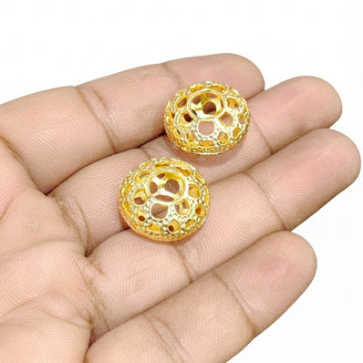 Gold Plated Brass Round Filigree Beads – Textured Openwork Spacer Jewelry Components (19x9 mm, 2-Piece Pack)
