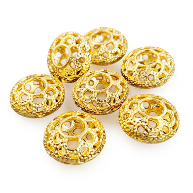 Gold Plated Brass Round Filigree Beads – Textured Openwork Spacer Jewelry Components (19x9 mm, 2-Piece Pack)