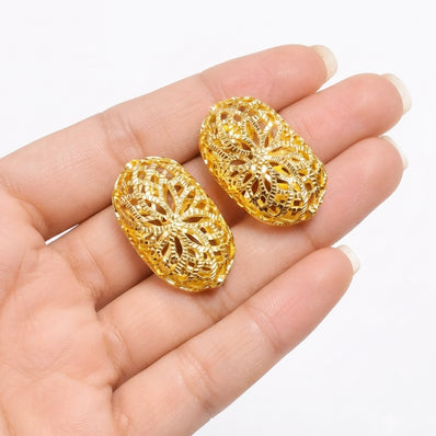 Gold Plated Brass Floral Filigree Beads – Textured Openwork Statement Jewelry Components (30x18 mm, 2-Piece Pack)